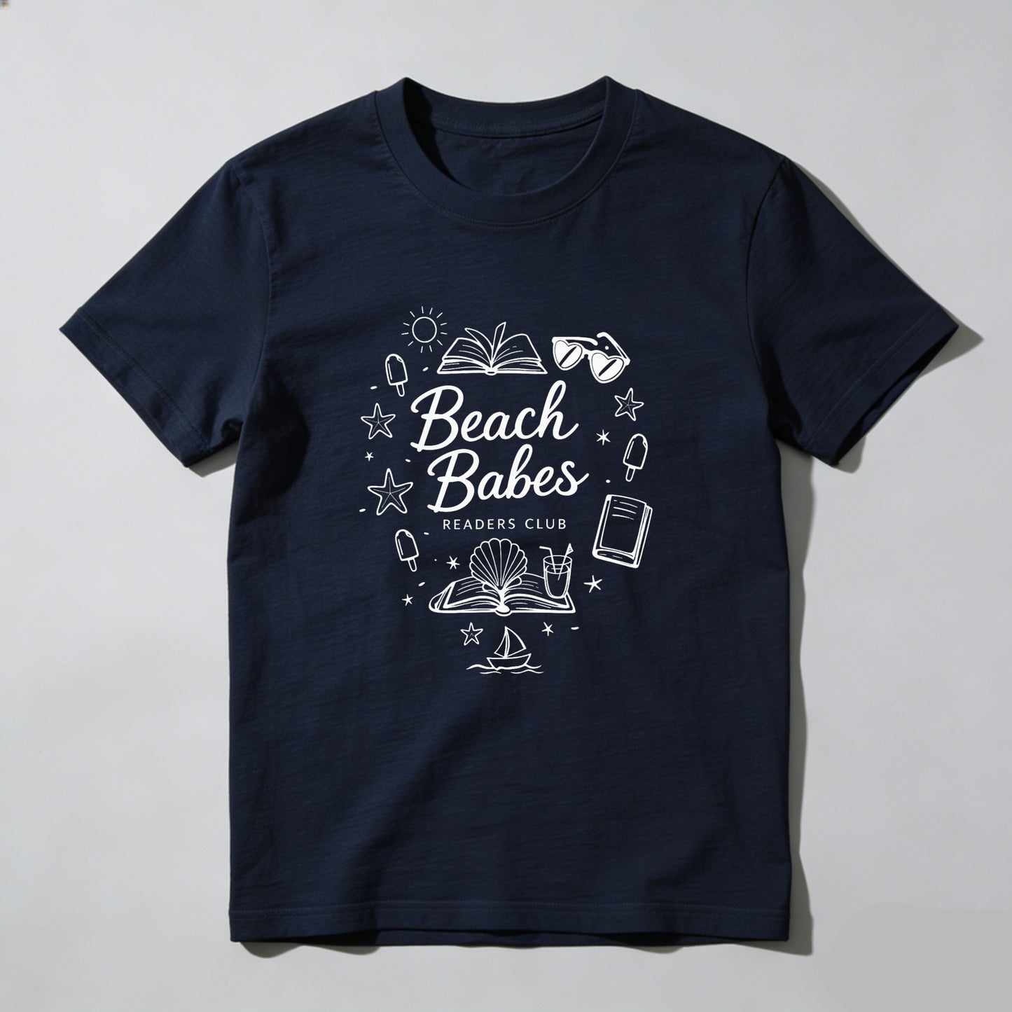 Wardrobecart Beach Babes Readers Club Book Sun Sunglasses Star Shell Boat Ice Cream Unisex Classic T-shirt 100% cotton