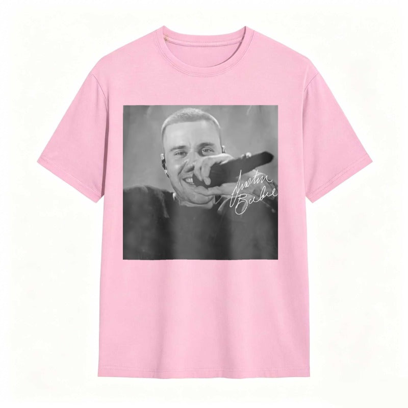 Justin Bieber Singing With Microphone Signature tshirt 100% cotton