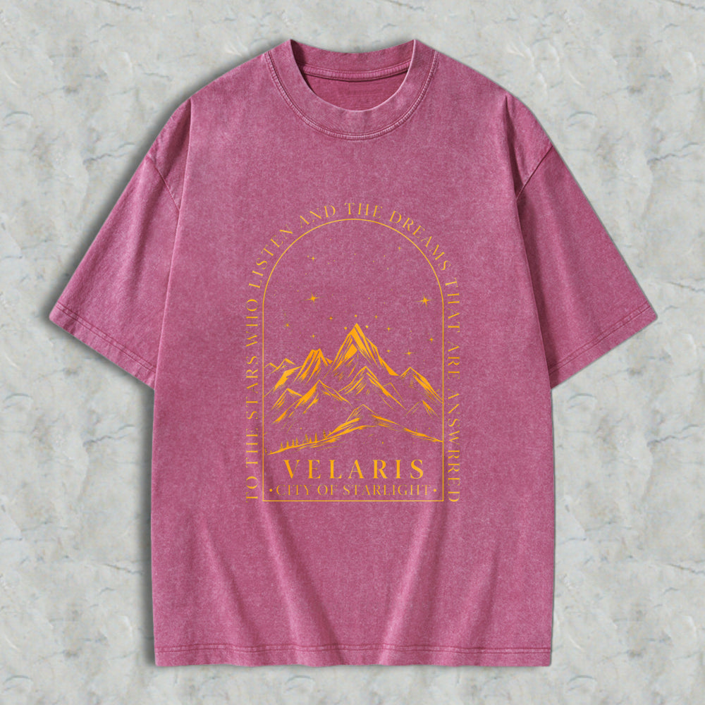 Wardrobecart Mountain Landscape With Stars And Text Velaris City Of Starlight Unisex Washed T-shirt