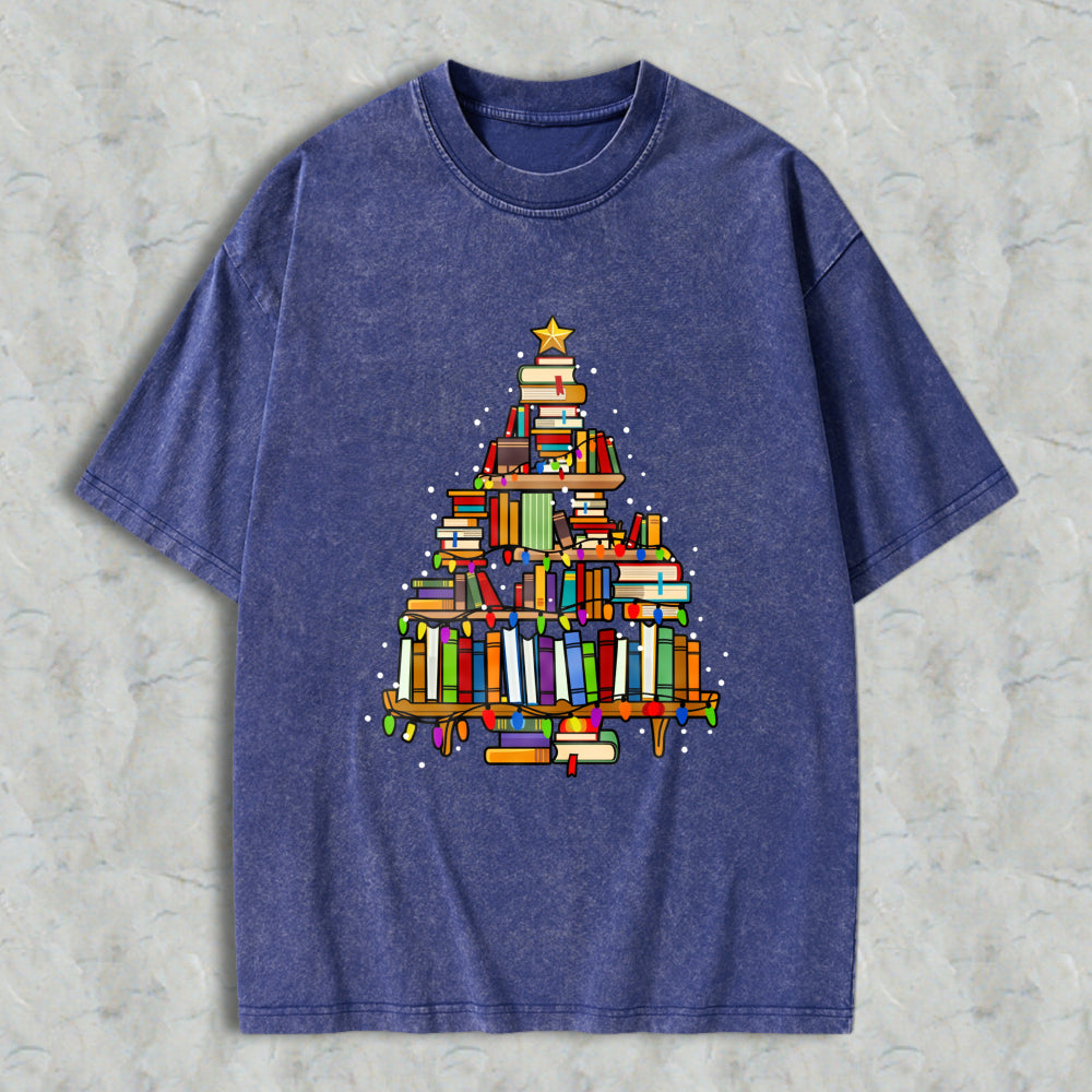 Wardrobecart Book Christmas Tree Unisex Washed T-shirt