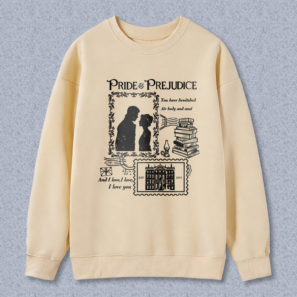 Wardrobecart Pride And Prejudice Book Quote With Couple Silhouette And Stack Of Books Unisex Classic Sweatshirt