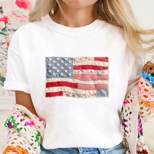 (FAUX PATCHWORK-PRINT) Comfort Colors Retro American Flag Shirt