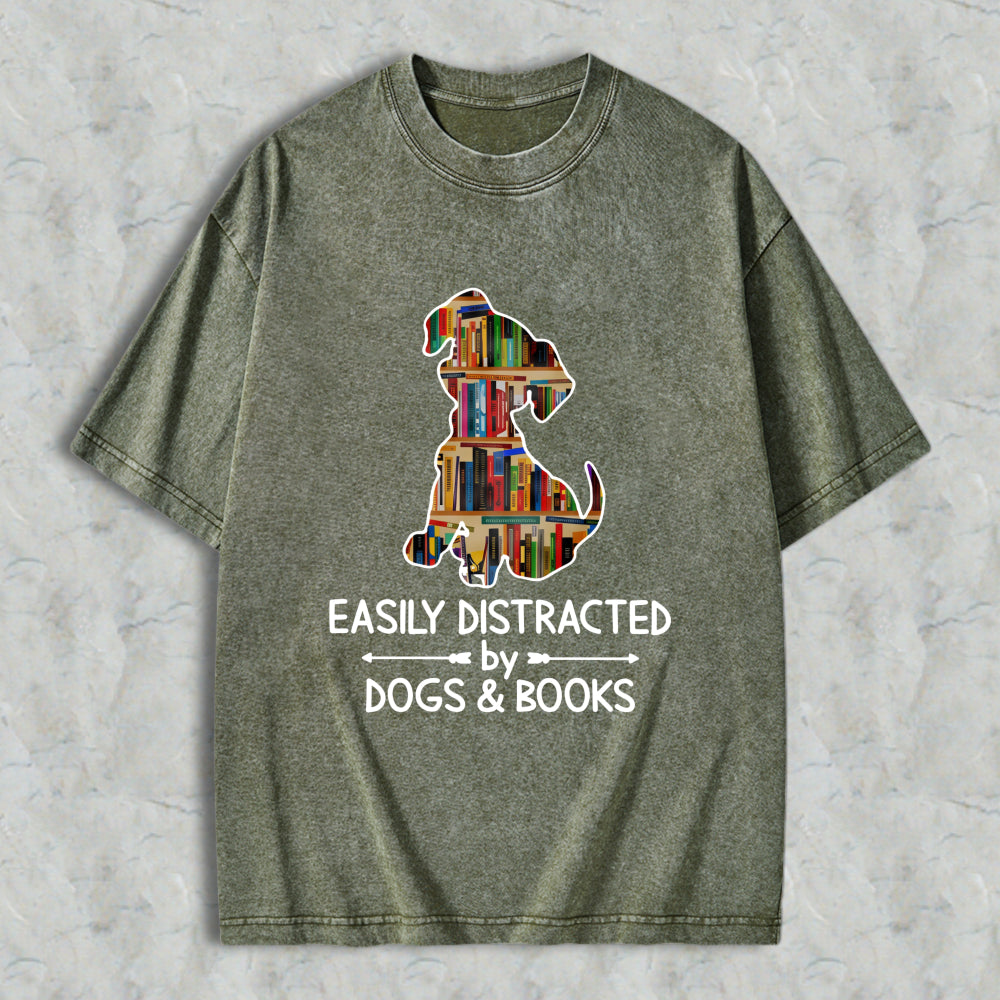 Wardrobecart Dog And Books Pattern Easily Distracted By Dogs And Books Unisex Washed T-shirt