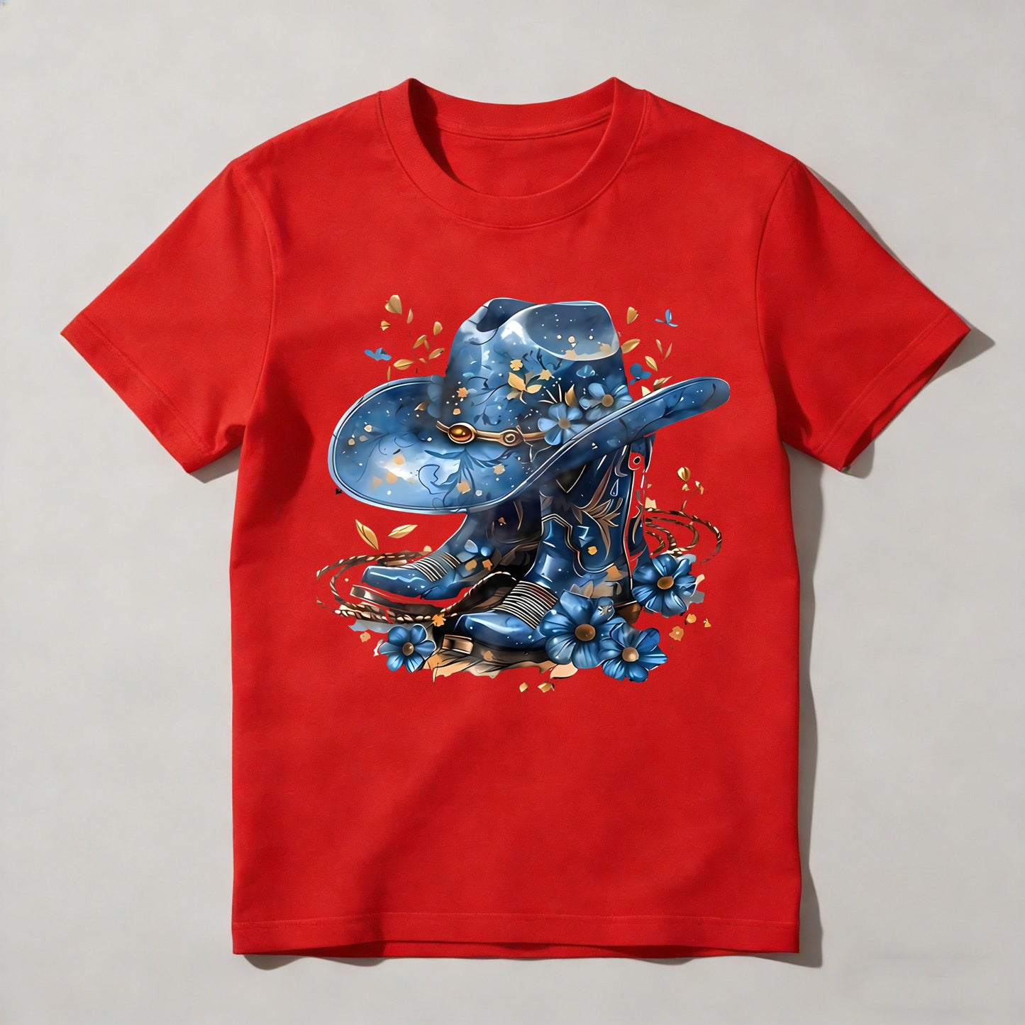 Western Hat And Boots With Blue Flowers T-shirt