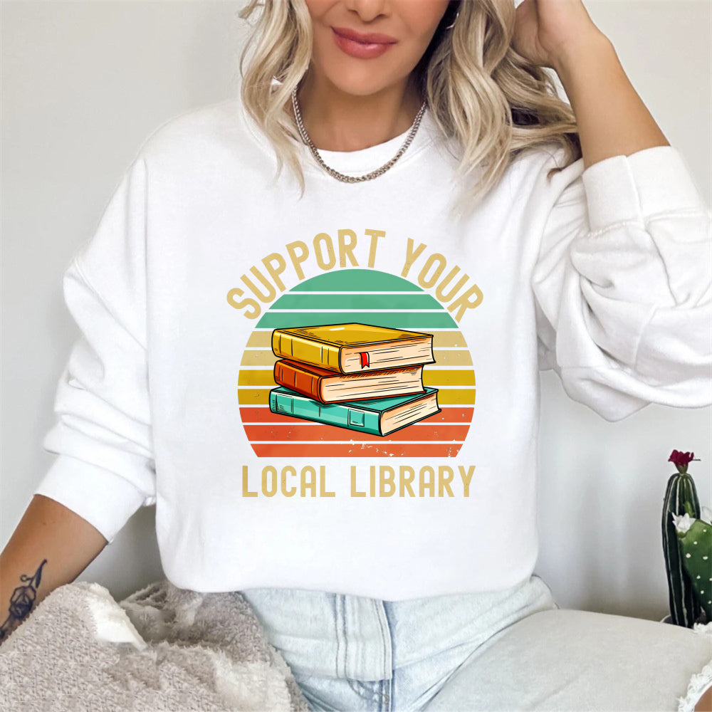 Wardrobecart Support Your Local Library Books Stack Vintage Sunburst Design Unisex Classic Sweatshirt
