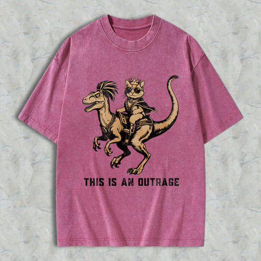 Wardrobecart Cat King Riding Dinosaur With Crown And Sunglasses Unisex Washed T-shirt