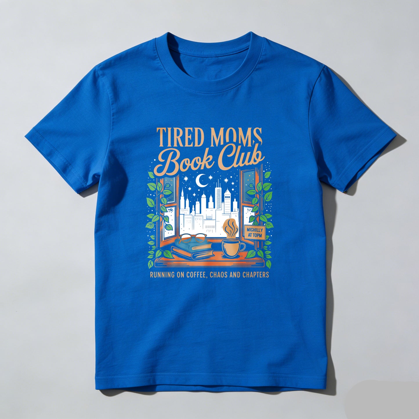 Wardrobecart Tired Moms Book Club Window Scene Coffee Cup Books Cityscape Moon Stars Leaves Unisex Classic T-shirt