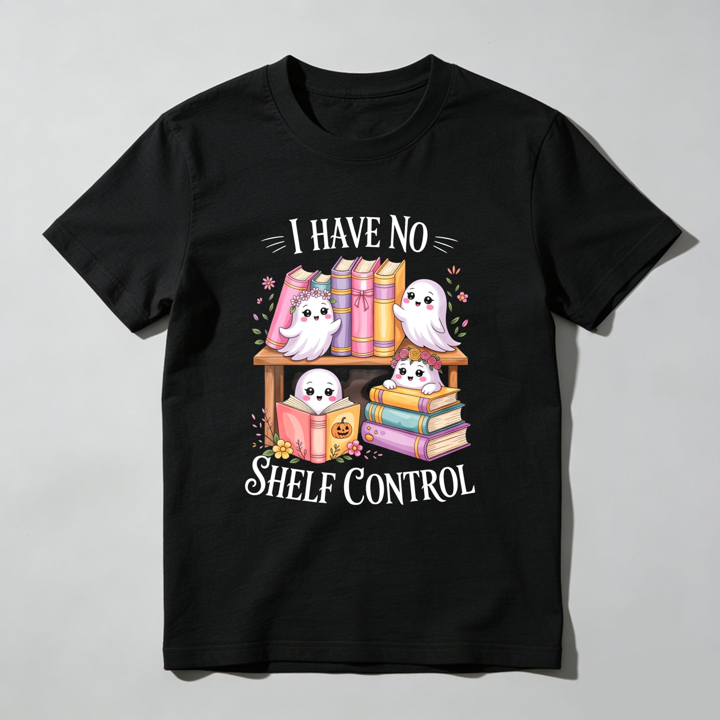 Wardrobecart Cute Ghosts Reading Books With Floral Accents And Text I Have No Shelf Control Unisex Classic T-shirt