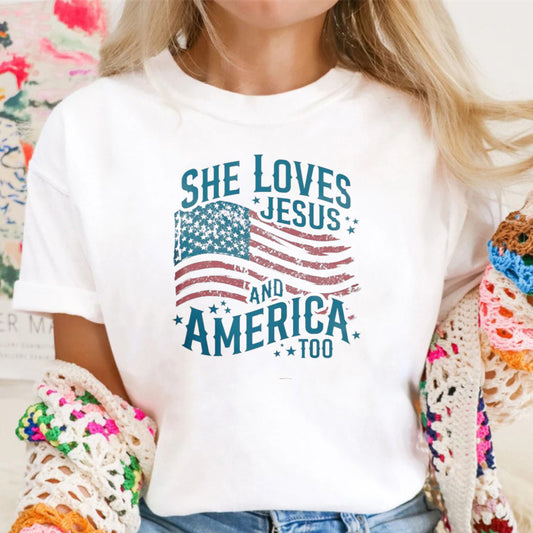 She Loves Jesus And America Too Women's Patriotic T-shirt
