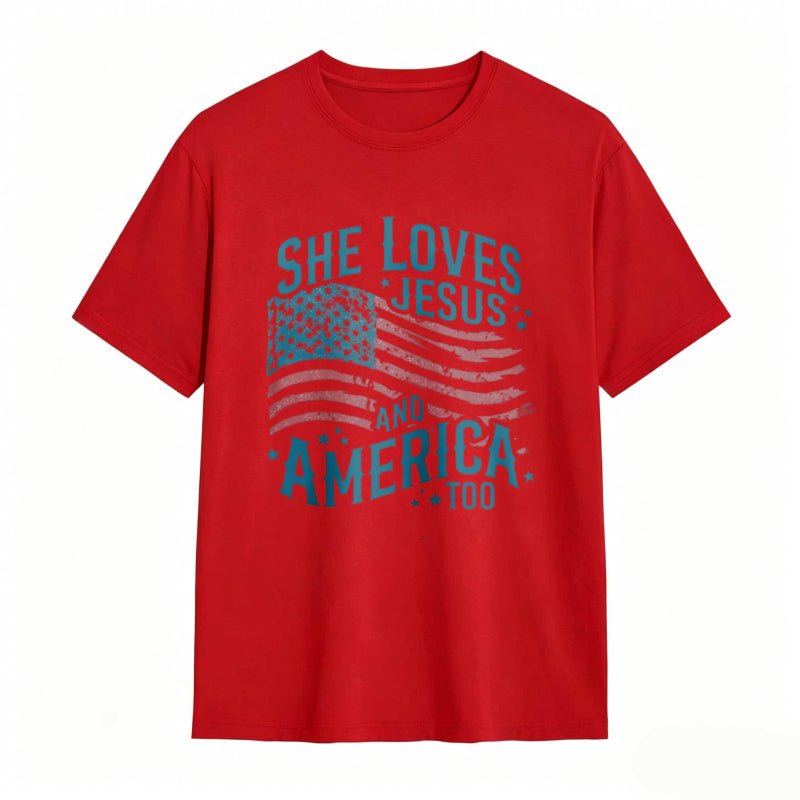 She Loves Jesus And America Too Women's Patriotic T-shirt