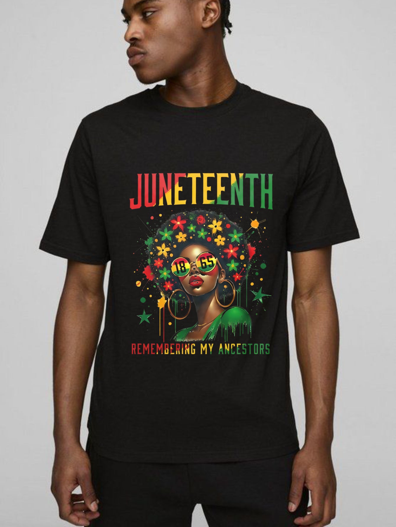Juneteenth Celebration With Woman Wearing Sunglasses And Floral Hair Design Remembering My Ancestors T-shirt