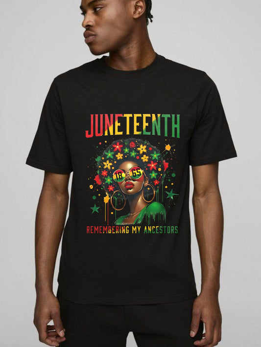 Juneteenth Celebration With Woman Wearing Sunglasses And Floral Hair Design Remembering My Ancestors T-shirt