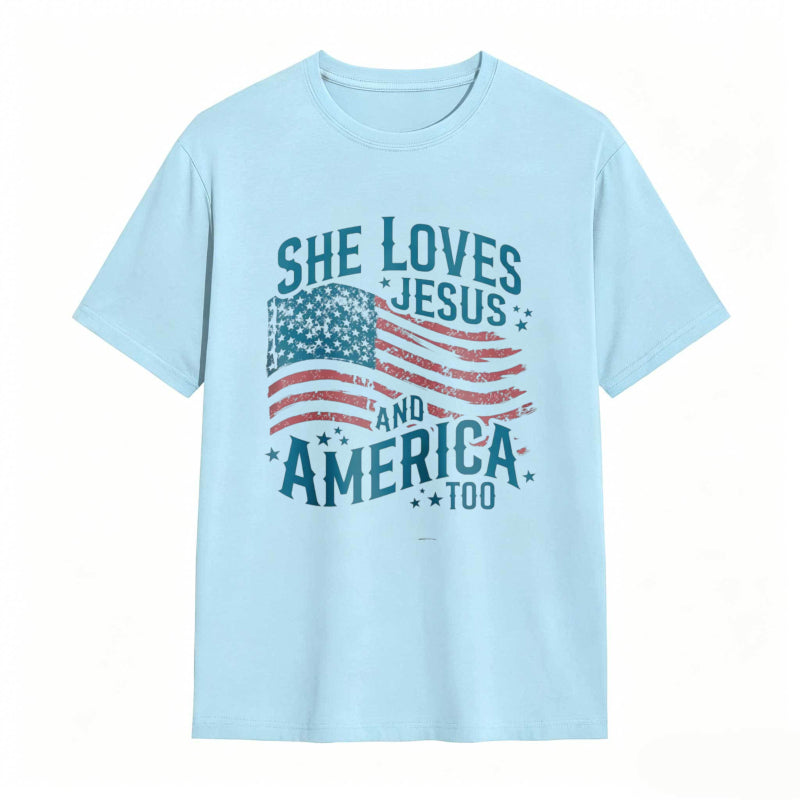 She Loves Jesus And America Too Women's Patriotic T-shirt