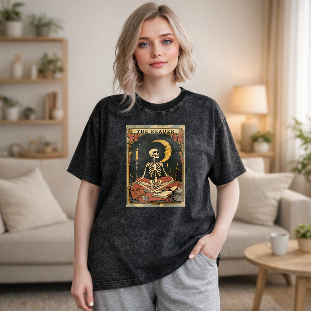 Wardrobecart Skeleton Reading Book Under Moonlight With Candle And Tarot Cards The Reader Unisex Washed T-shirt