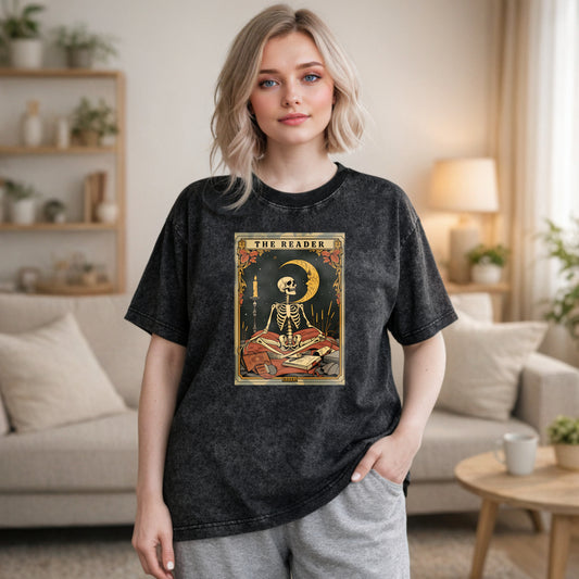 Wardrobecart Skeleton Reading Book Under Moonlight With Candle And Tarot Cards The Reader Unisex Washed T-shirt