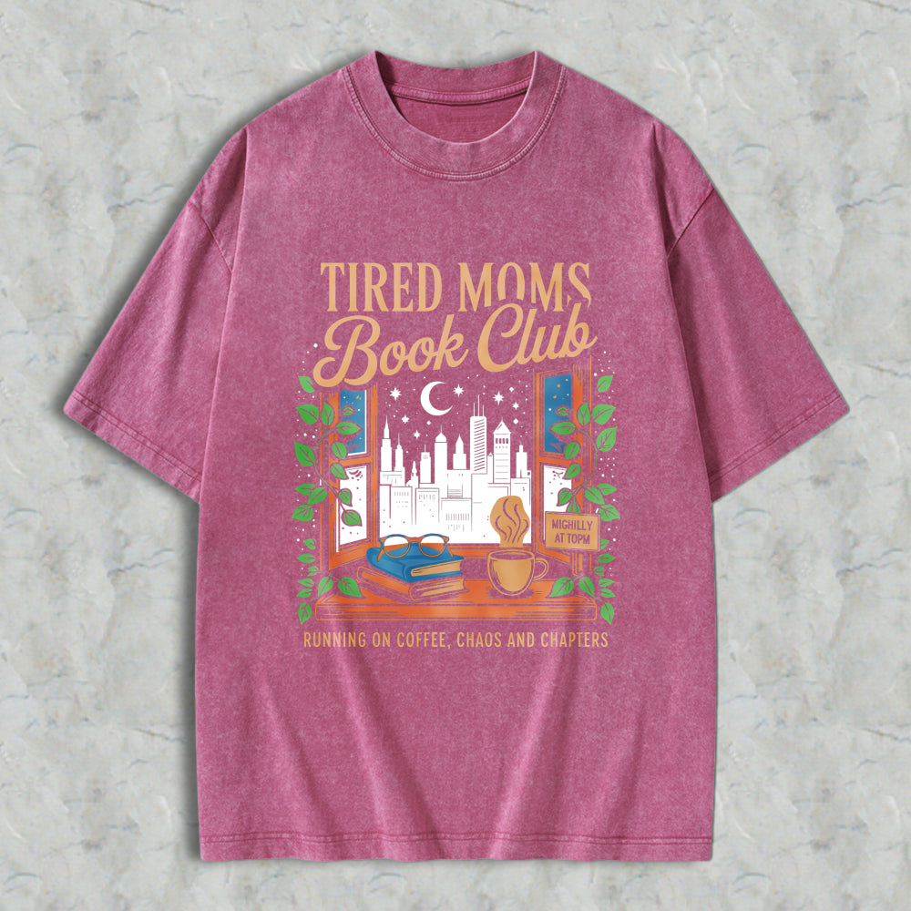 Wardrobecart Tired Moms Book Club Window Scene With Books Coffee And City View Unisex Washed T-shirt