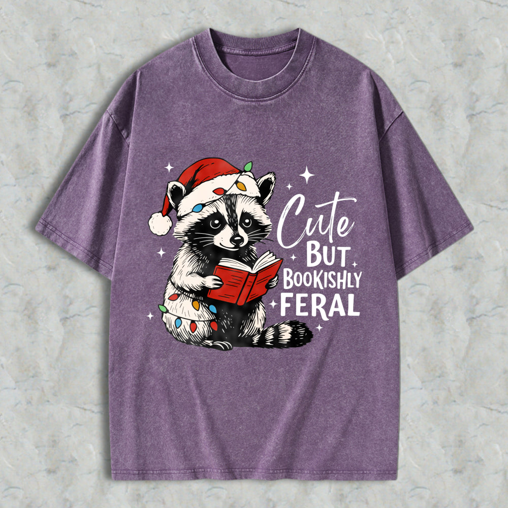 Wardrobecart Cute But Bookishly Feral Raccoon Reading Christmas Book Unisex Washed T-shirt