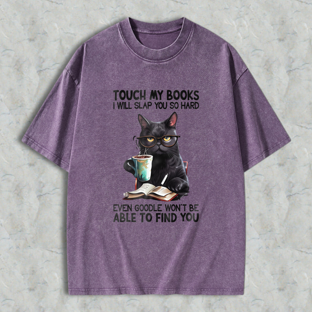 Wardrobecart Cat With Glasses Reading Book And Coffee Unisex Washed T-shirt