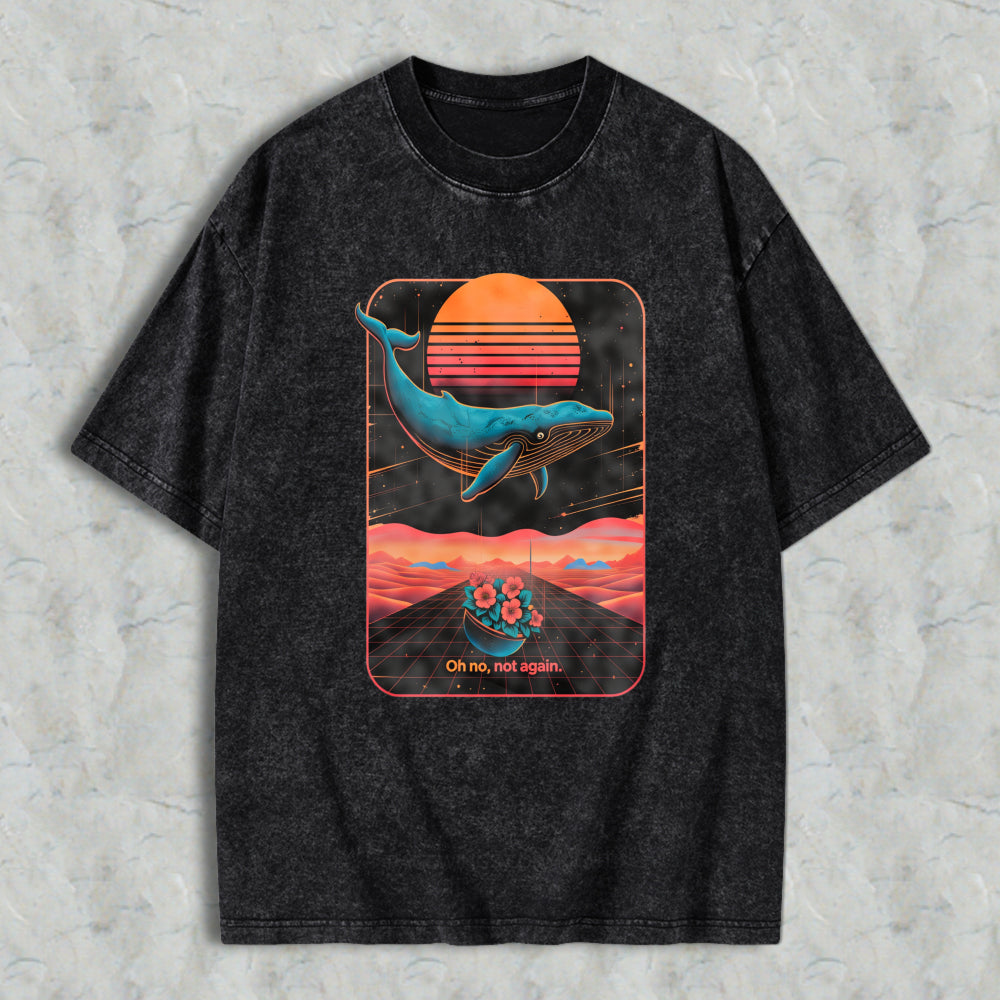 Wardrobecart Whale Sunset Landscape With Flowers And Text Oh No Not Again Unisex Washed T-shirt
