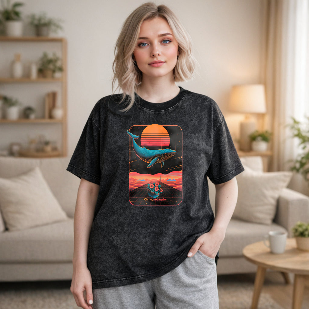 Wardrobecart Whale Sunset Landscape With Flowers And Text Oh No Not Again Unisex Washed T-shirt