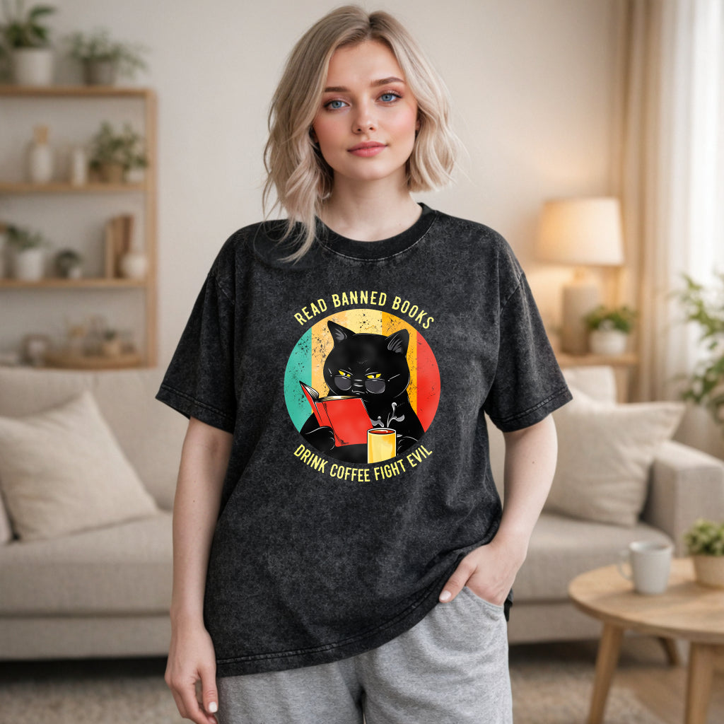 Wardrobecart Cat Reading Book With Coffee And Banned Books Text Unisex Washed T-shirt