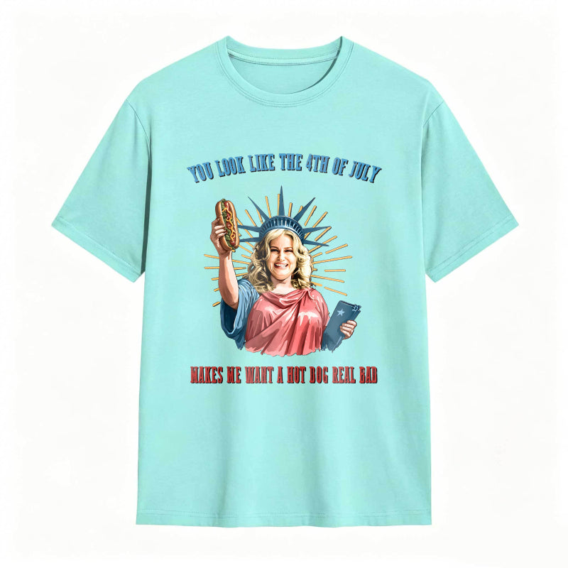 Statue Of Liberty Holding Hot Dog And Tablet With Fourth Of July Text T-shirt