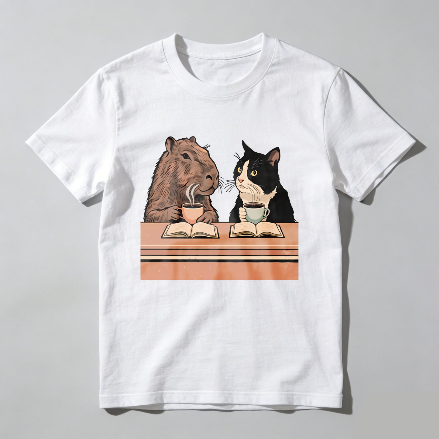 Wardrobecart Capybara And Cat Reading Books With Tea Unisex Classic T-shirt