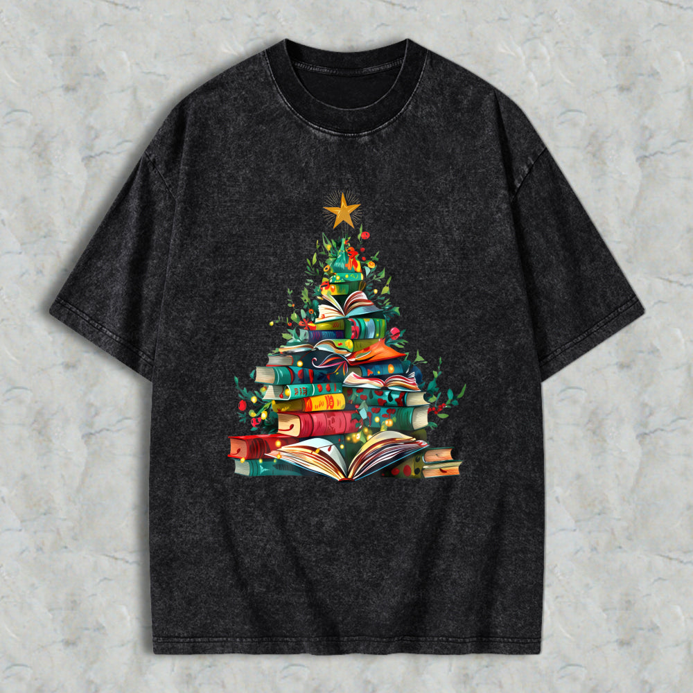Wardrobecart Book Christmas Tree Design Unisex Washed T-shirt