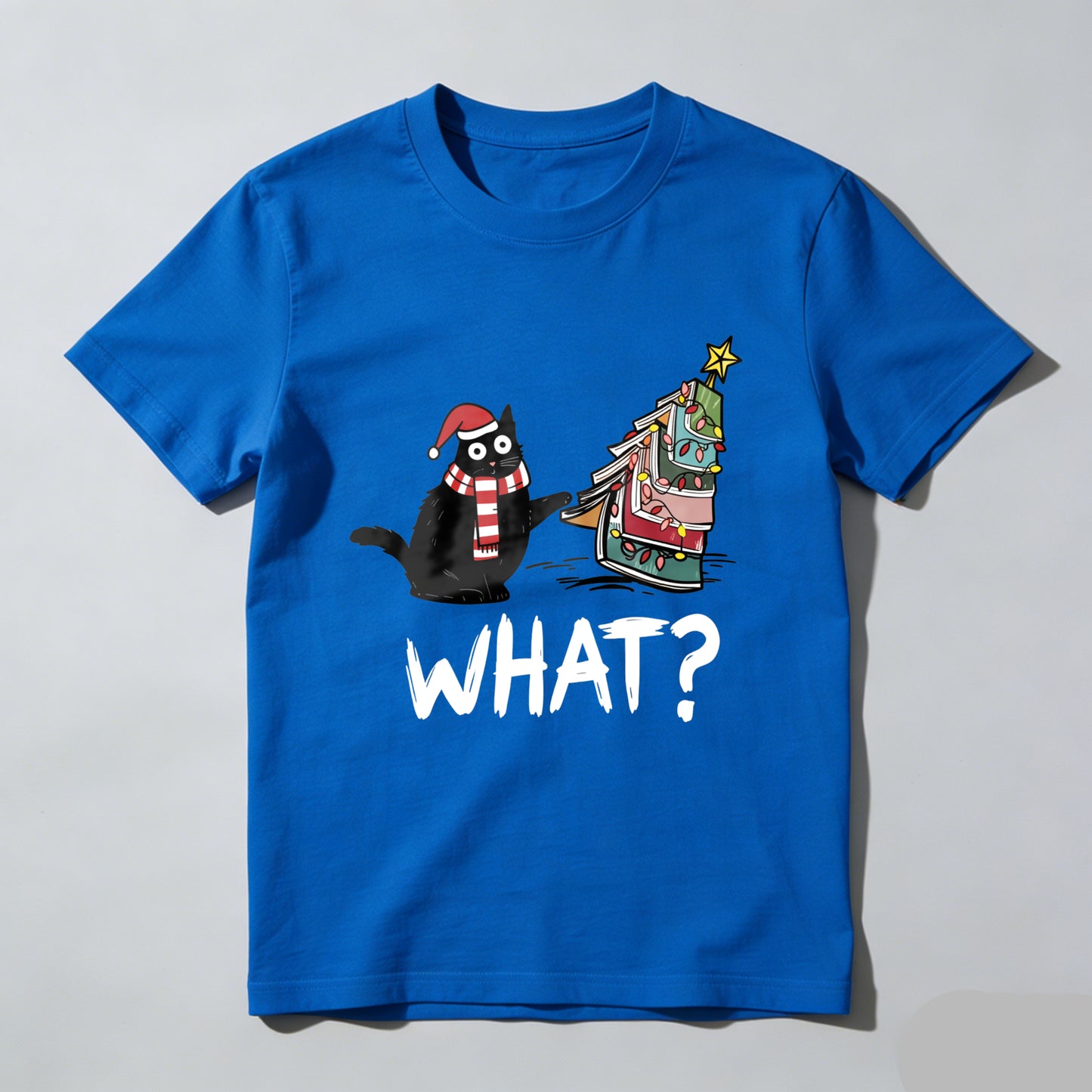 Wardrobecart Cat Wearing Santa Hat And Scarf   Christmas Tree Made Of Books   What Question Mark Below Unisex Classic T-shirt