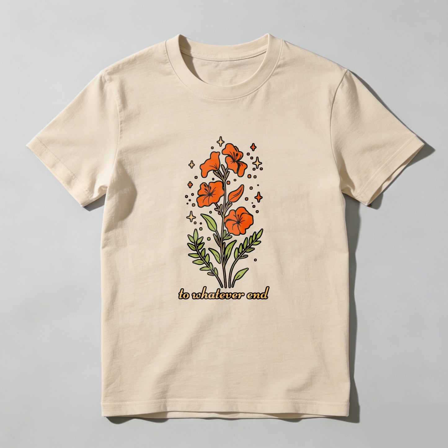 Wardrobecart Orange Flowers With Green Leaves And Stars Unisex Classic T-shirt