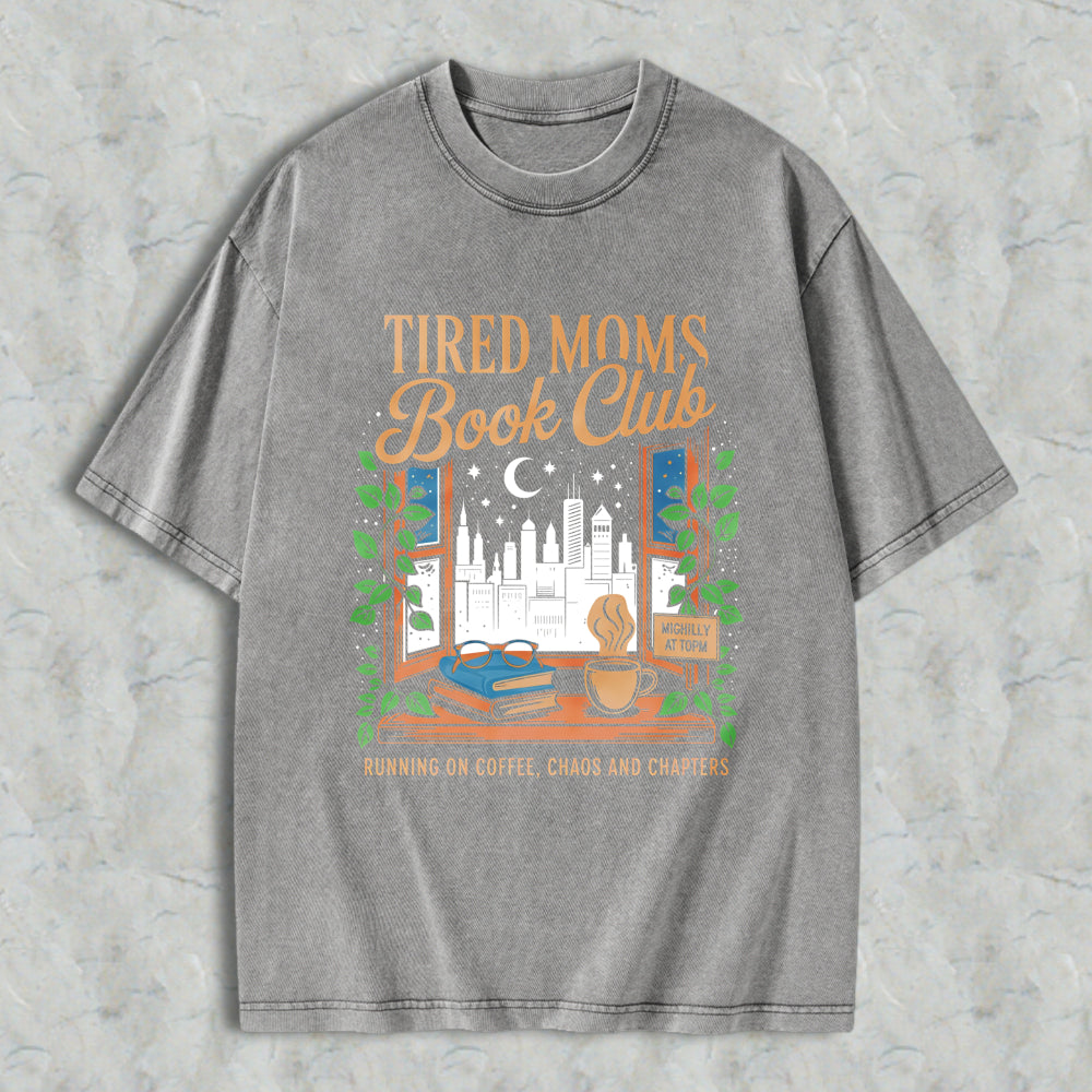 Wardrobecart Tired Moms Book Club Window Scene With Books Coffee And City View Unisex Washed T-shirt