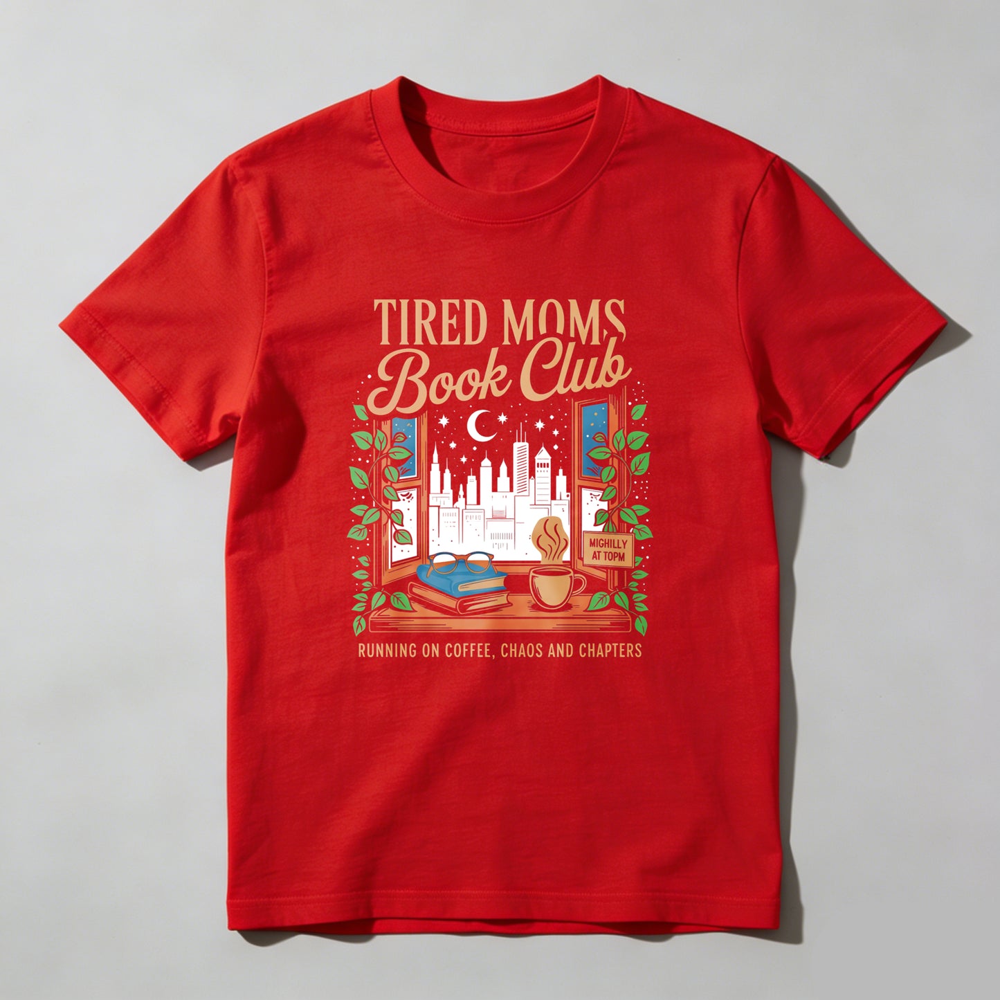 Wardrobecart Tired Moms Book Club Window Scene Coffee Cup Books Cityscape Moon Stars Leaves Unisex Classic T-shirt