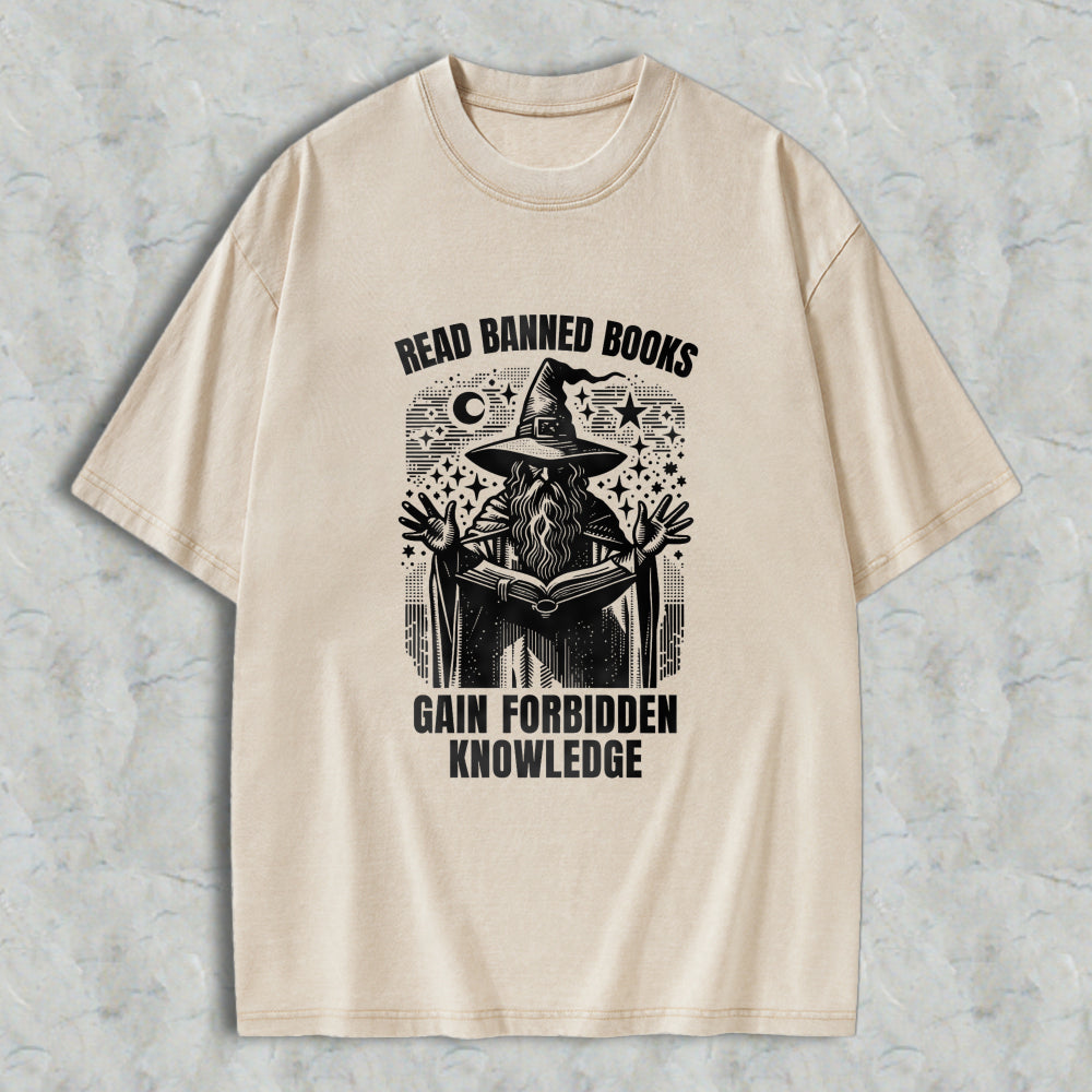 Wardrobecart Read Banned Books Gain Forbidden Knowledge Wizard With Open Book And Stars Unisex Washed T-shirt
