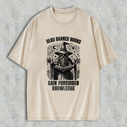 Wardrobecart Read Banned Books Gain Forbidden Knowledge Wizard With Open Book And Stars Unisex Washed T-shirt
