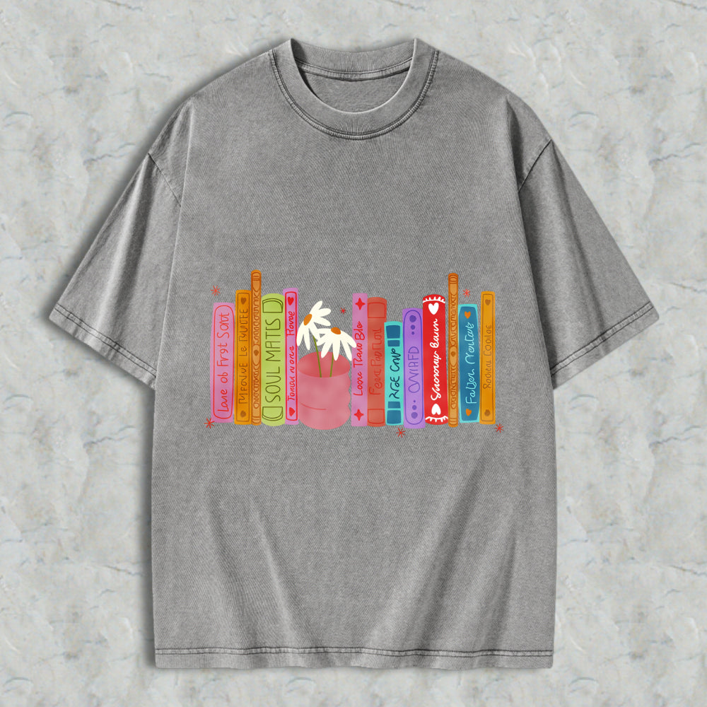 Wardrobecart Colorful Bookshelf With Potted Plant And Book Titles Unisex Washed T-shirt