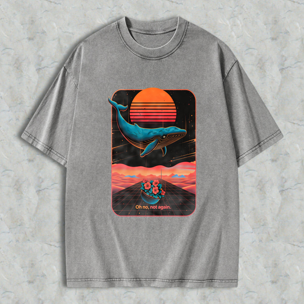 Wardrobecart Whale Sunset Landscape With Flowers And Text Oh No Not Again Unisex Washed T-shirt