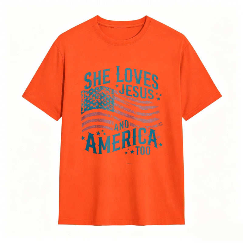 She Loves Jesus And America Too Women's Patriotic T-shirt