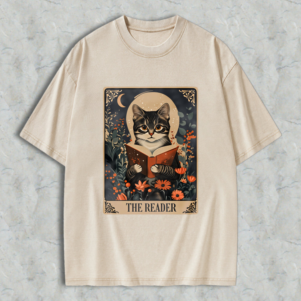Wardrobecart Cat Reading Book With Flowers And Moon The Reader Unisex Washed T-shirt