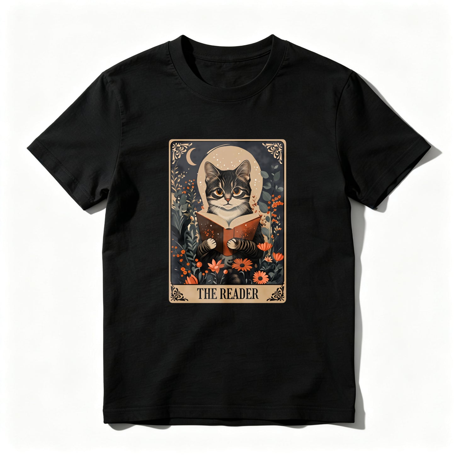 Wardrobecart Cat Reading Book Floral Moon Design Unisex Classic T-shirt