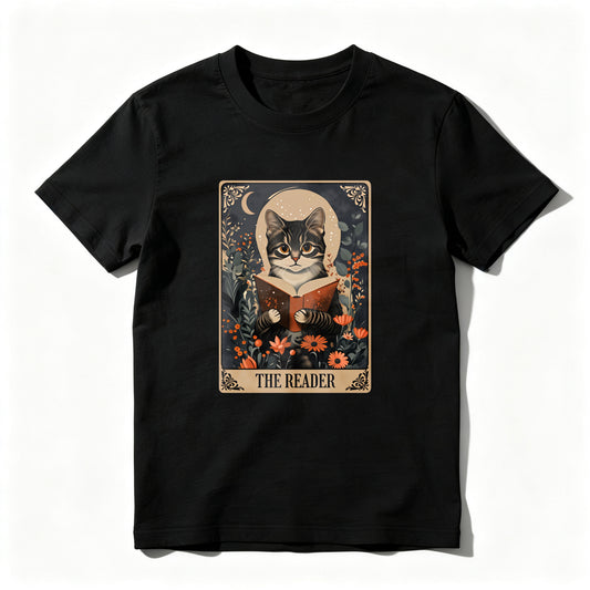 Wardrobecart Cat Reading Book Floral Moon Design Unisex Classic T-shirt
