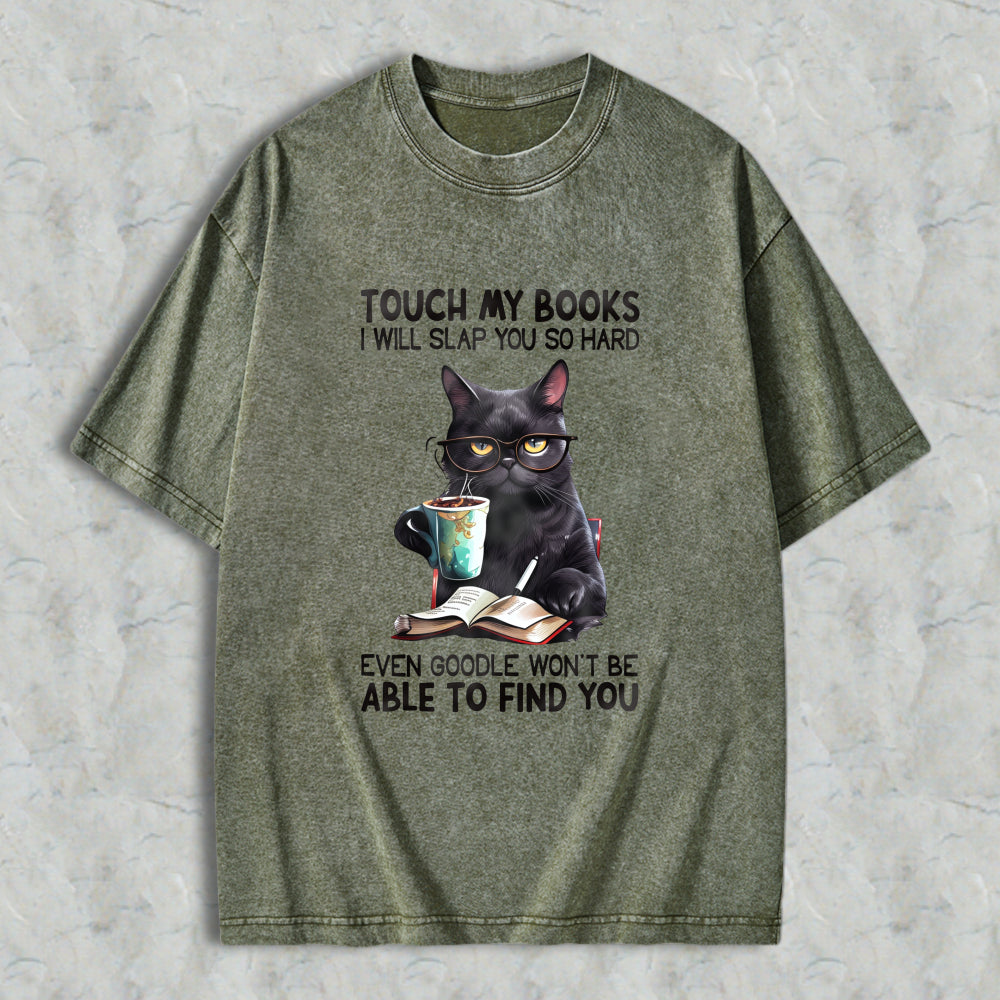 Wardrobecart Black Cat With Glasses Reading Book And Coffee Cup Unisex Washed T-shirt
