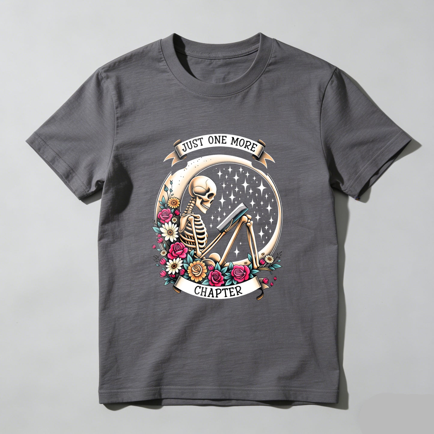 Wardrobecart Skeleton Reading Book With Flowers And Stars Unisex Classic T-shirt