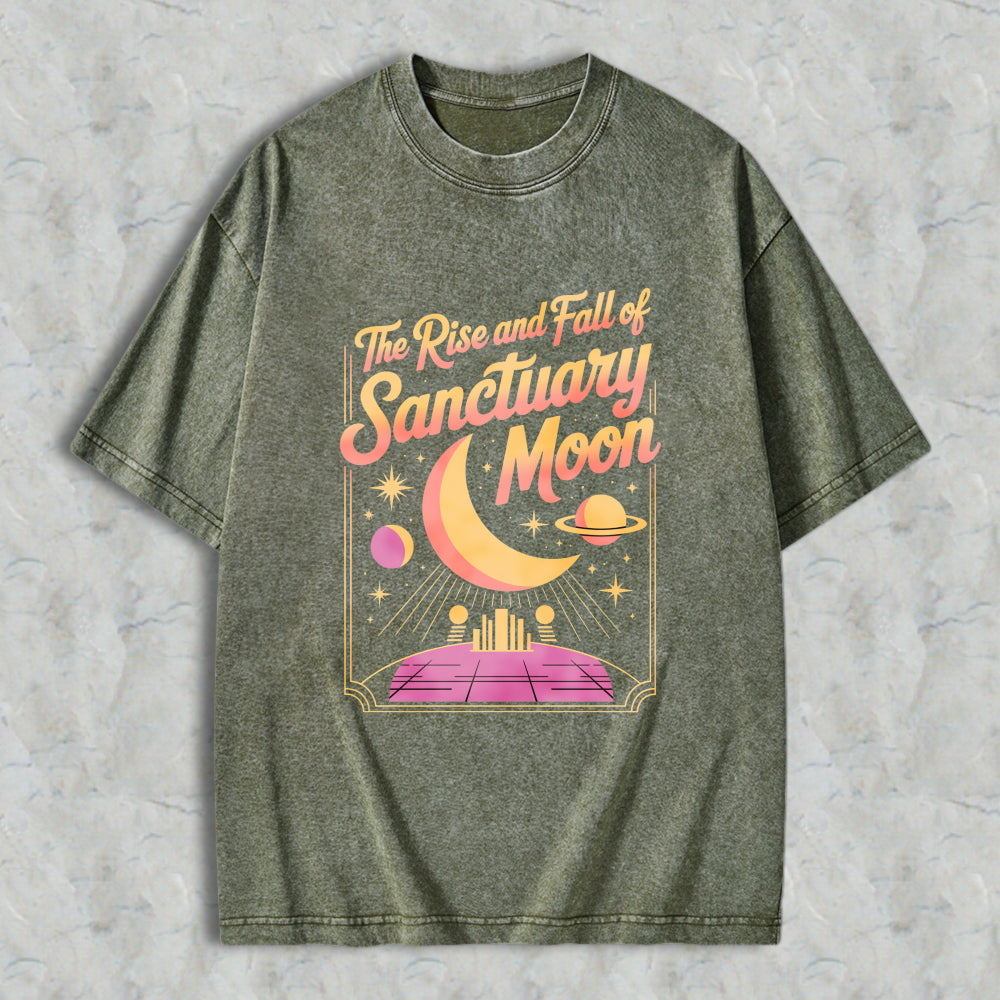 Wardrobecart The Rise And Fall Of Sanctuary Moon Cosmic Scene With Crescent Moon Planets And Futuristic Platform Unisex Washed T-shirt