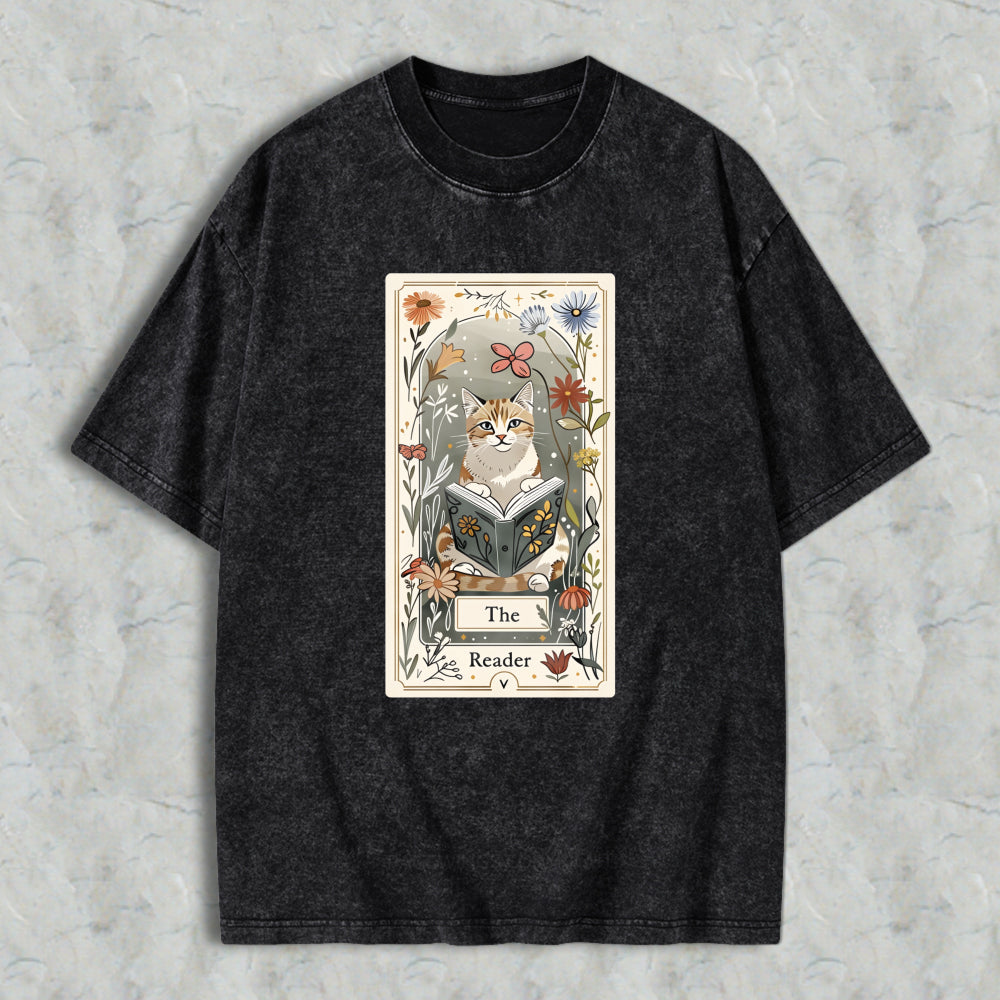 Wardrobecart Cat Reading Book Floral Tarot Card Design Unisex Washed T-shirt