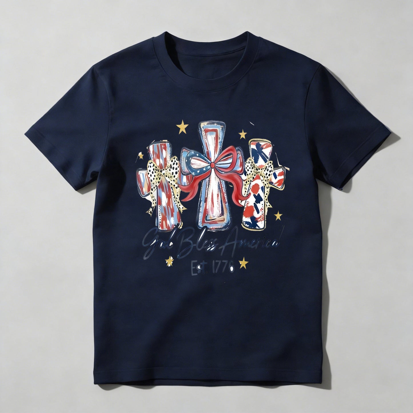 Patriotic Crosses With American Flag Design And God Bless America Text T-shirt