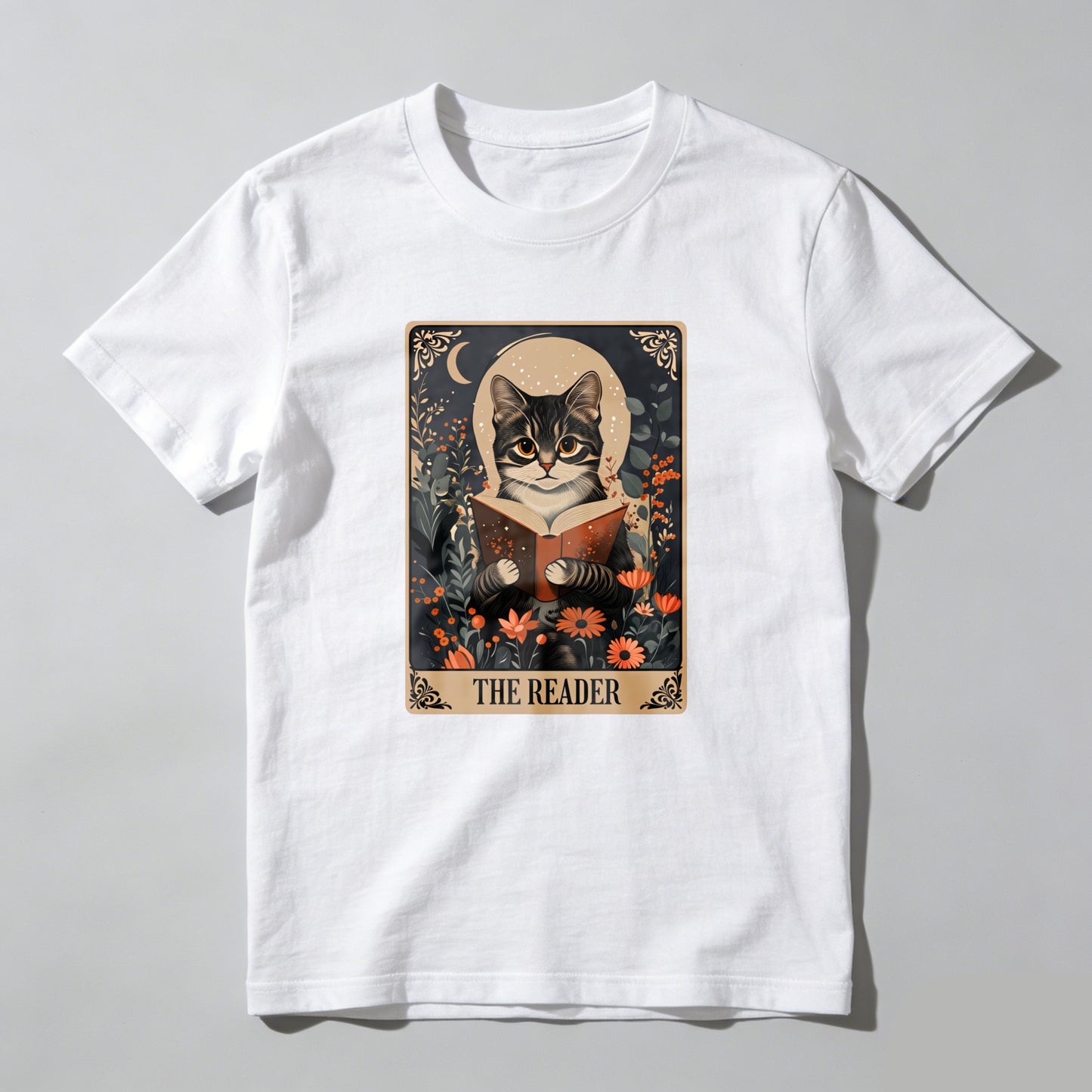 Wardrobecart Cat Reading Book Floral Moon Design Unisex Classic T-shirt
