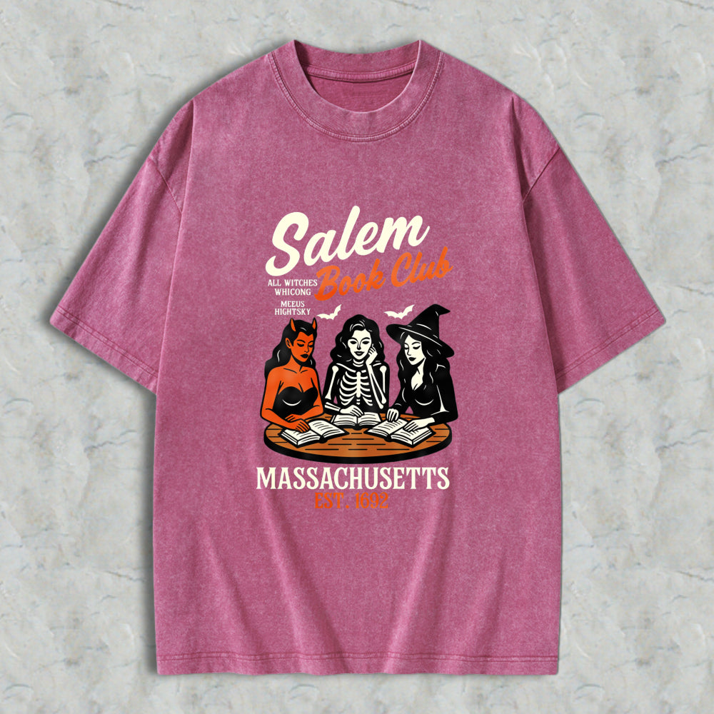 Wardrobecart Salem Book Club Witch Reading Books Massachusetts Est 1692 Unisex Washed T-shirt