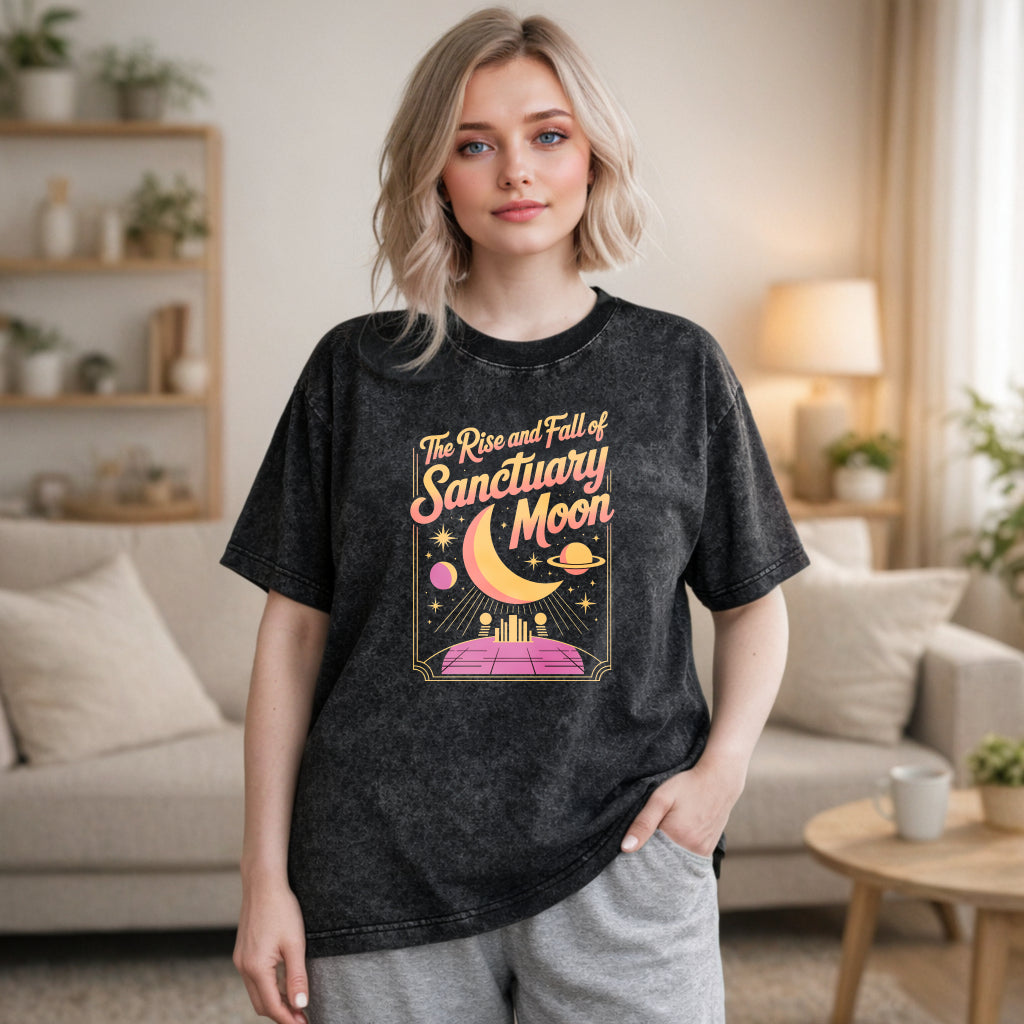 Wardrobecart The Rise And Fall Of Sanctuary Moon Cosmic Scene With Crescent Moon Planets And Futuristic Platform Unisex Washed T-shirt