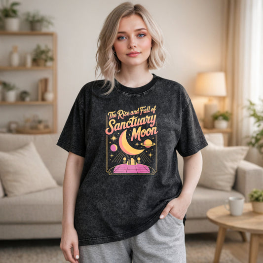 Wardrobecart The Rise And Fall Of Sanctuary Moon Cosmic Scene With Crescent Moon Planets And Futuristic Platform Unisex Washed T-shirt