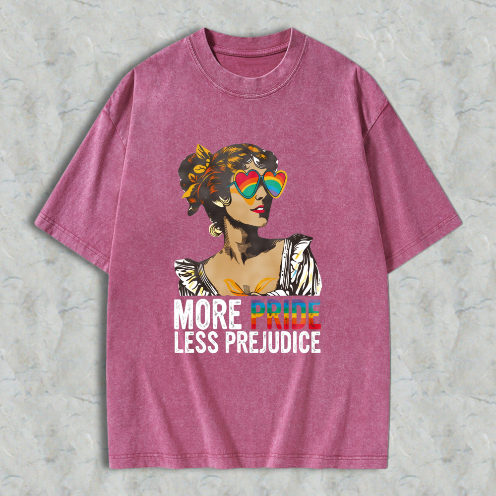 Wardrobecart Pride And Prejudice Parody With Rainbow Heart Sunglasses And Regency Style Woman More Pride Less Prejudice Unisex Washed T-shirt